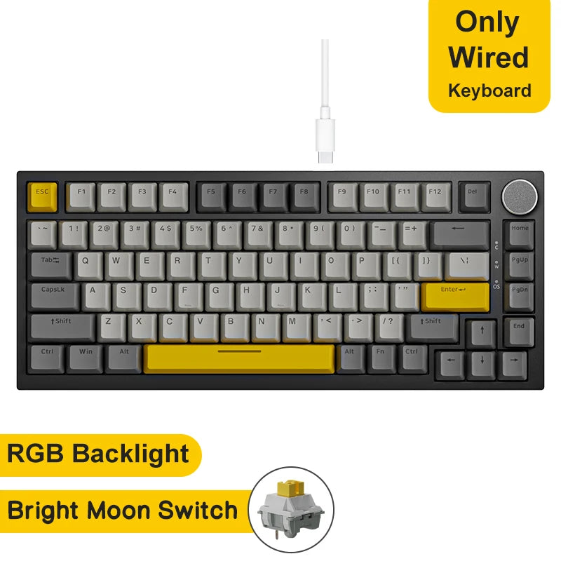 75% Compact Mechanical Gaming Keyboard — Bluetooth 5.1, 2.4GHz & USB-C Wired, Hot-Swappable PBT Keycaps with Metal Volume Knob, RGB