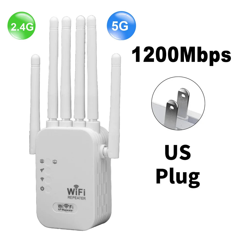 AC1200 Dual-Band WiFi Range Extender 1200Mbps (5GHz 867Mbps + 2.4GHz 300Mbps) 6 High-Gain Antennas Wireless Repeater & Signal Booster