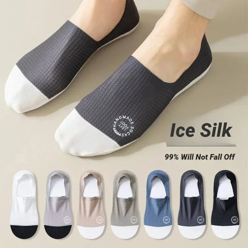 3 Pairs Men's No-Show Waffle Pattern Boat Socks – Breathable Ice Silk Mesh, Sweat-Absorbing, Non-Slip Silicone Heel