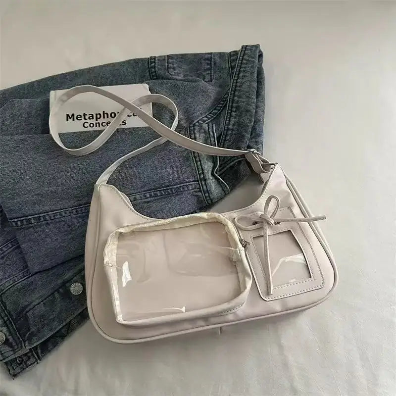 Harajuku Transparent Ita Shoulder Bag with Bow Accent – Korean Preppy School Crossbody Purse, Adjustable Strap