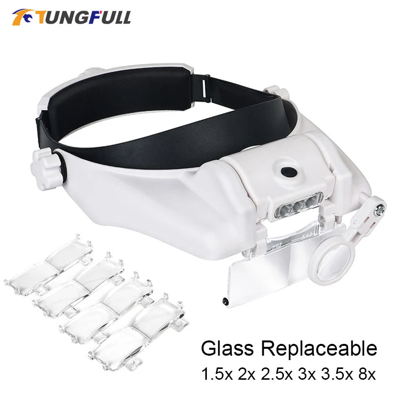 LED Headband Magnifier Hands-Free with Interchangeable Lenses 1.5x–8x for Jewelry, Watch & Electronics Repair