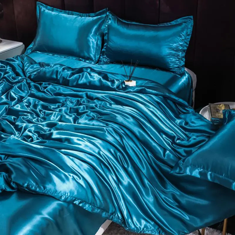 Ice Silk Satin 4-Piece Duvet Cover Set – Silky Solid Color Bedding (Duvet Cover + 2 Pillowcases + Sheet), Fits 1.5–2.2 m (5–7 ft) Beds