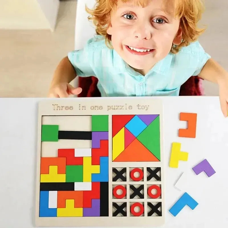 3-in-1 Wooden Educational Puzzle Board - Color Sorting, Math and Jigsaw Activity for Kids