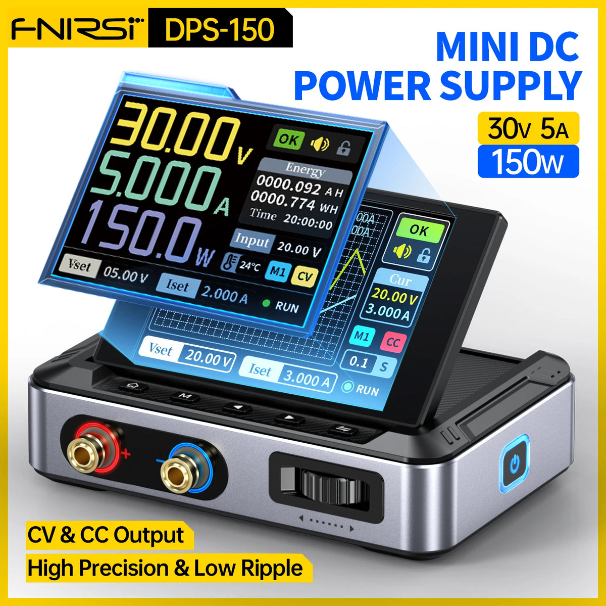 Adjustable DC Power Supply 0–30V 0–5A 150W Mini Digital Bench Regulator Portable 2.8-Inch (71 mm) Display for Lab & CNC
