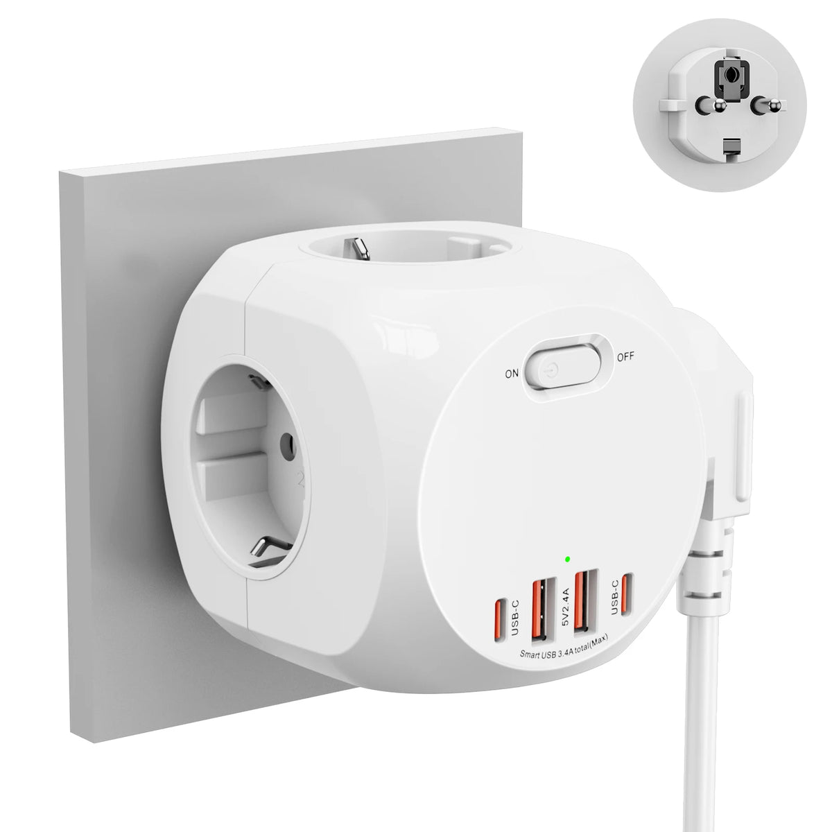 EU Wall Socket Power Hub – 4 AC Outlets + 4 USB (2 USB-C) Smart Fast Charging Compact Travel Plug