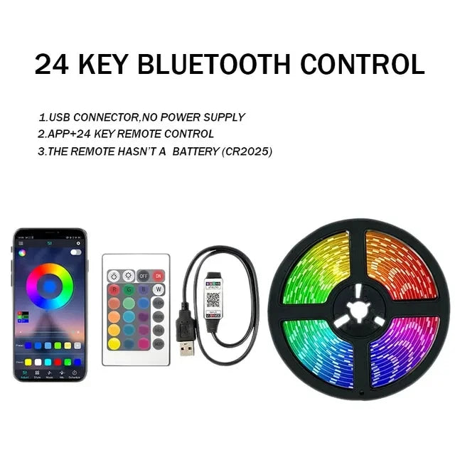 RGB LED strip light by FanzyMarket with 5050 SMD LEDs, USB powered, remote control, ideal for TV, bedroom, and living room backlighting.