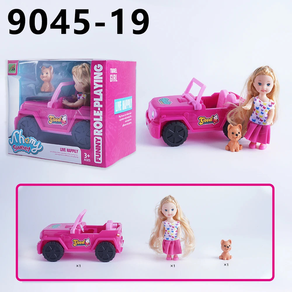 Mini Fashion Doll Playset for Kids with Pet Dog & Convertible Car — Dollhouse Kitchen & Seaside Restaurant Accessories