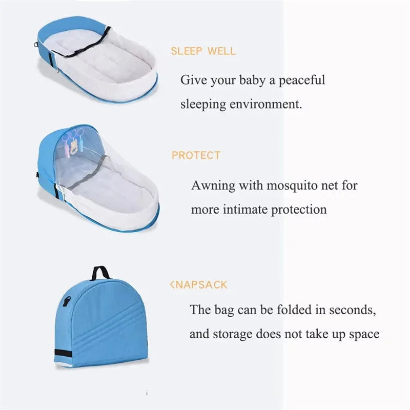 Portable Folding Baby Crib with Mosquito Net & Mattress | Travel Bassinet Backpack (31.5 x 15.7 x 16.5 in / 80 x 40 x 42 cm)