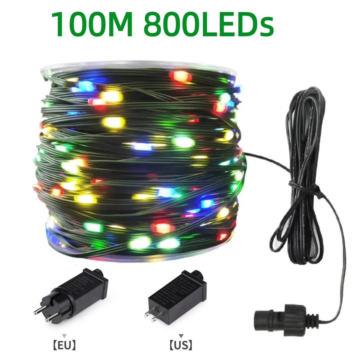 Holiday & Christmas Outdoor LED String Lights - Green PVC, Waterproof IP65, 8 Modes, 10–100 m (33–328 ft)