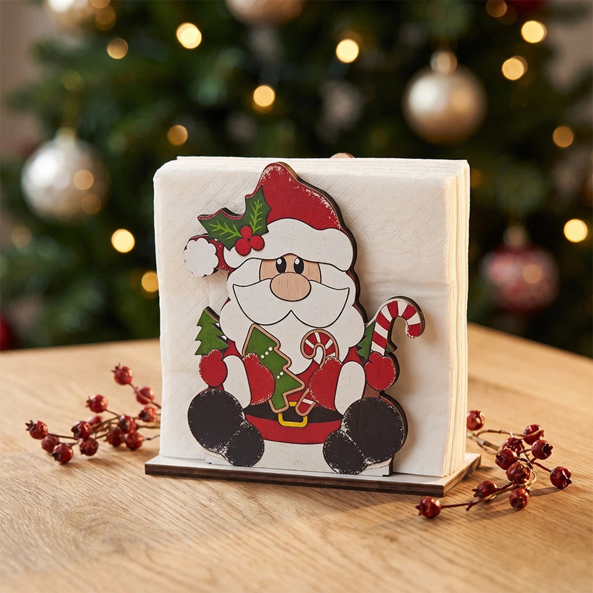 Santa Claus Wooden Napkin Holder - Holiday Tabletop Napkin & Tissue Holder, Christmas Dining Decor
