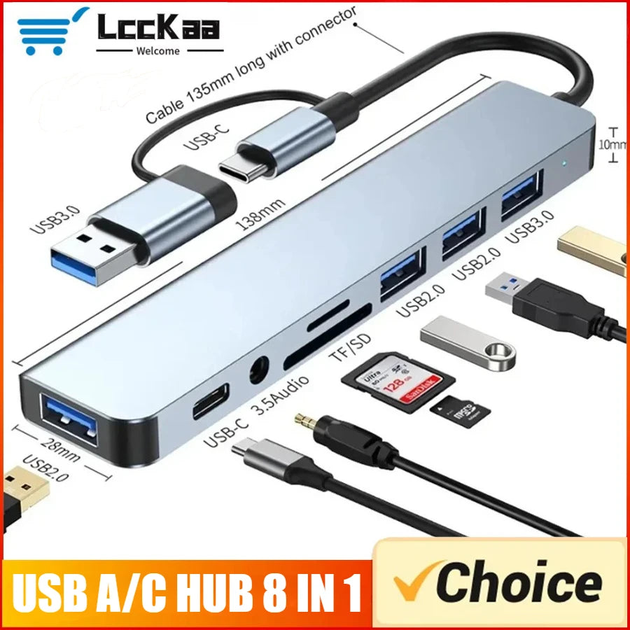 7/8-in-1 USB-C Multiport Hub Adapter with 3 USB 3.0 Ports, Type-C Dock for Phones Tablets Laptops, Fast Data Transfer & Charging