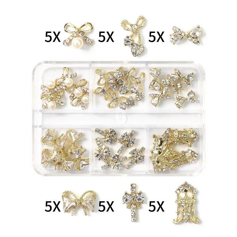 6-Grid Nail Rhinestone Kit – Saturn, Planet & Cross Crystal Nail Charms for Nail Art