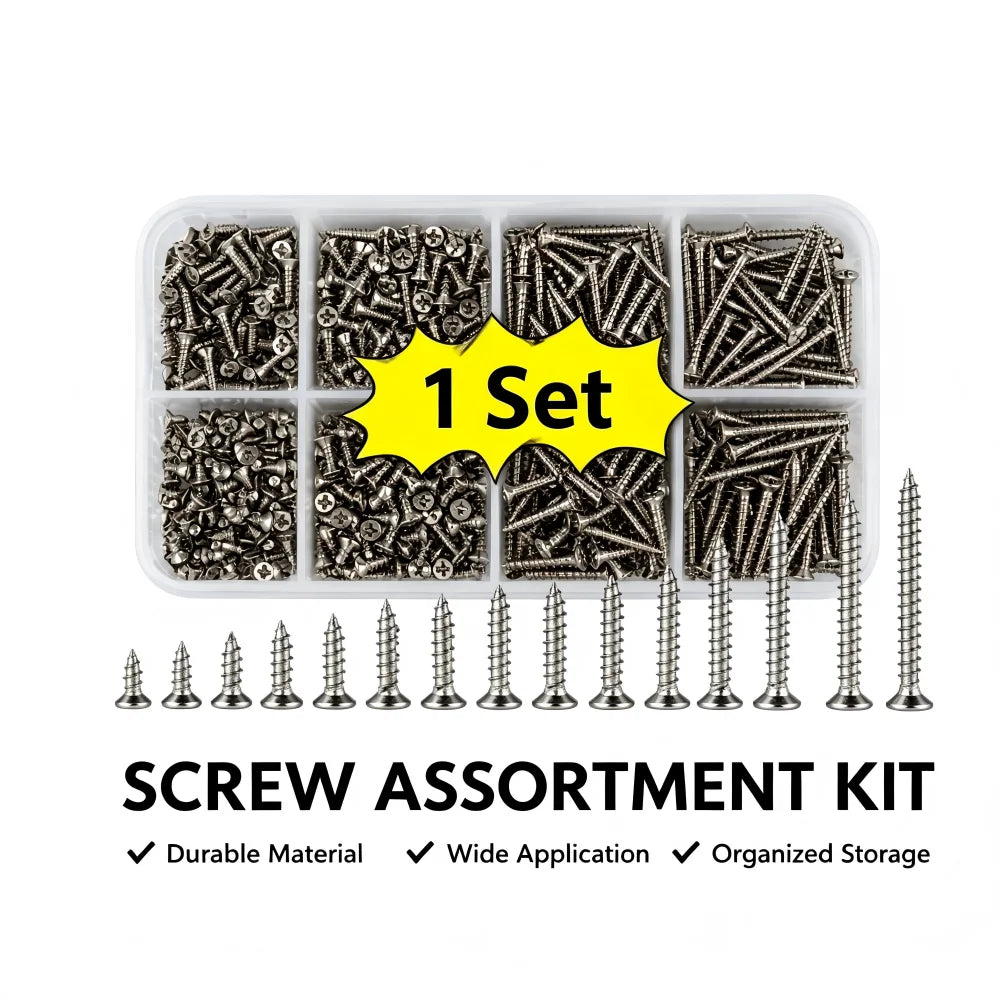 240-Piece Self-Tapping Wood Screw Set — 8 Sizes M2 (2mm) Flat Head Iron Screws with Organizer Box