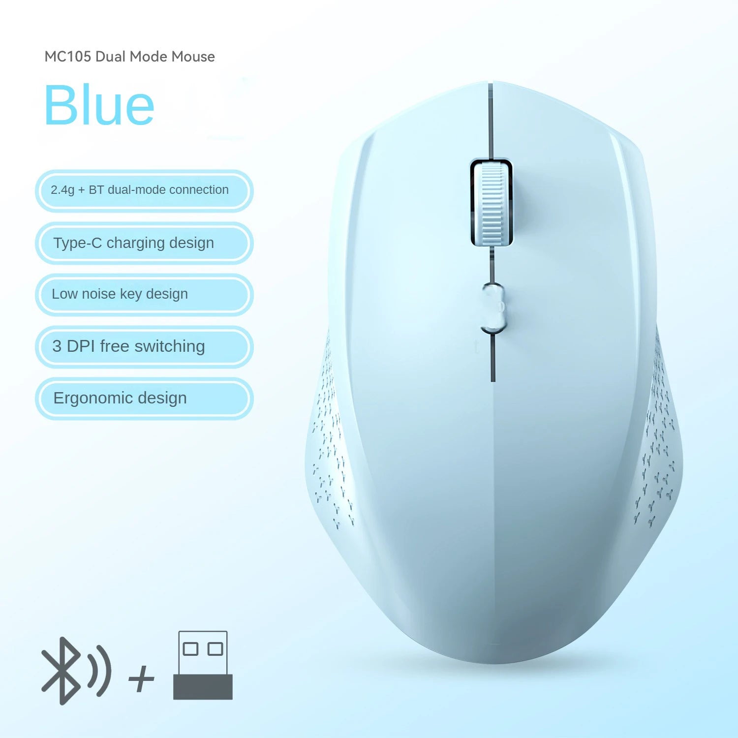 Bluetooth 5.2 + 2.4G Dual-Mode Wireless Mouse Rechargeable Silent 1600 DPI for Laptop Windows Mac Android