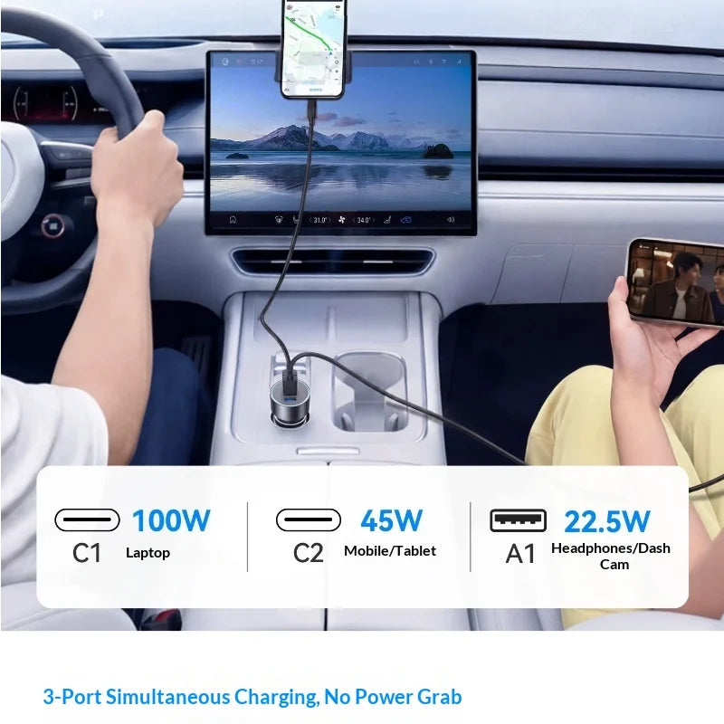 167.5W 3-Port Fast Car Charger — 2 USB-C PD + 1 USB-A QC3.0 High-Speed Car Adapter for Travel