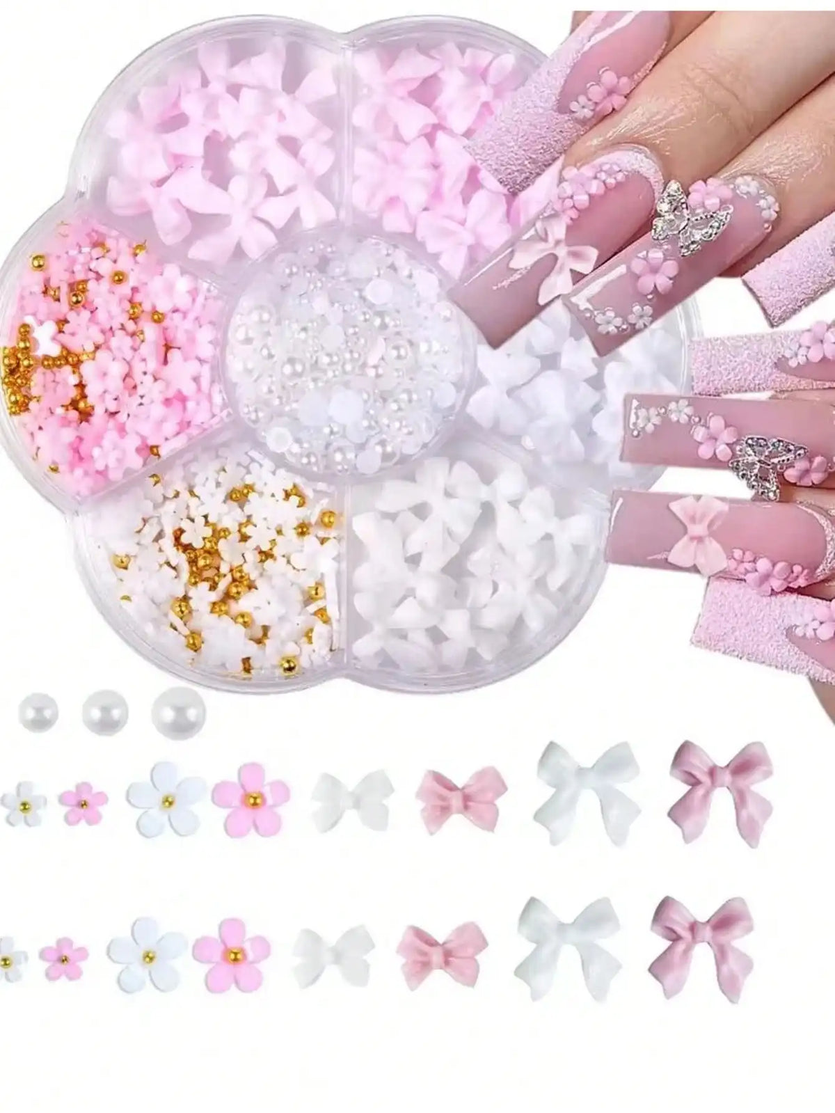 12-Grid Pink & White Nail Art Charms Set – Bows, Pearls, Rhinestones & Butterflies for DIY Manicure