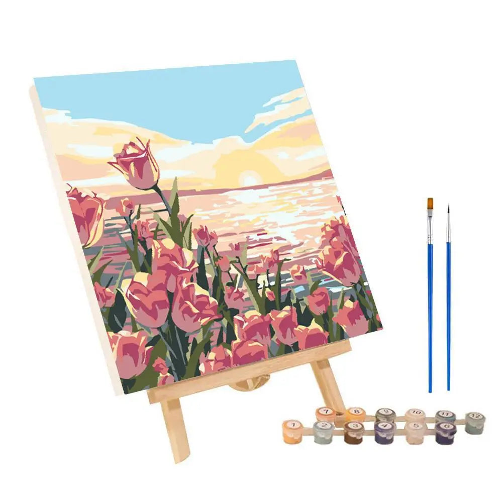 Framed Paint by Numbers Kit - Abstract Sunset Landscape, 20 x 20 cm (7.9 x 7.9 in) Canvas | DIY Gouache Painting Kit for Home Decor