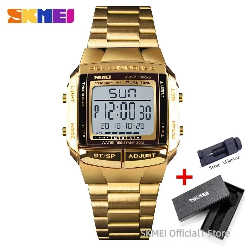 Men's Waterproof LED Digital Sport Watch – 30M (3ATM) Water Resistant, Stainless Steel Band, Military Style