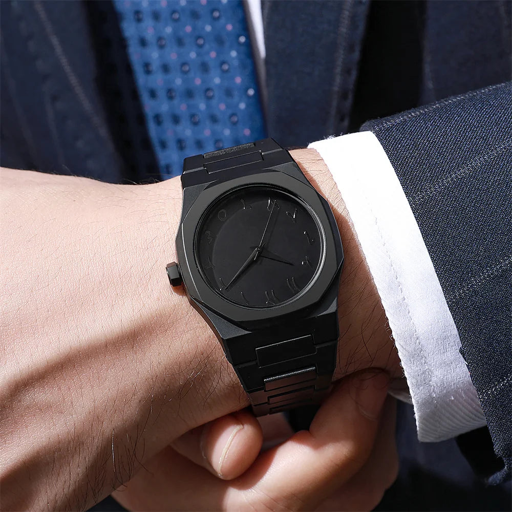 Men's Minimalist Black 38mm Quartz Watch, Large Dial with Polycarbonate Strap & Butterfly Clasp, 3ATM Water-Resistant