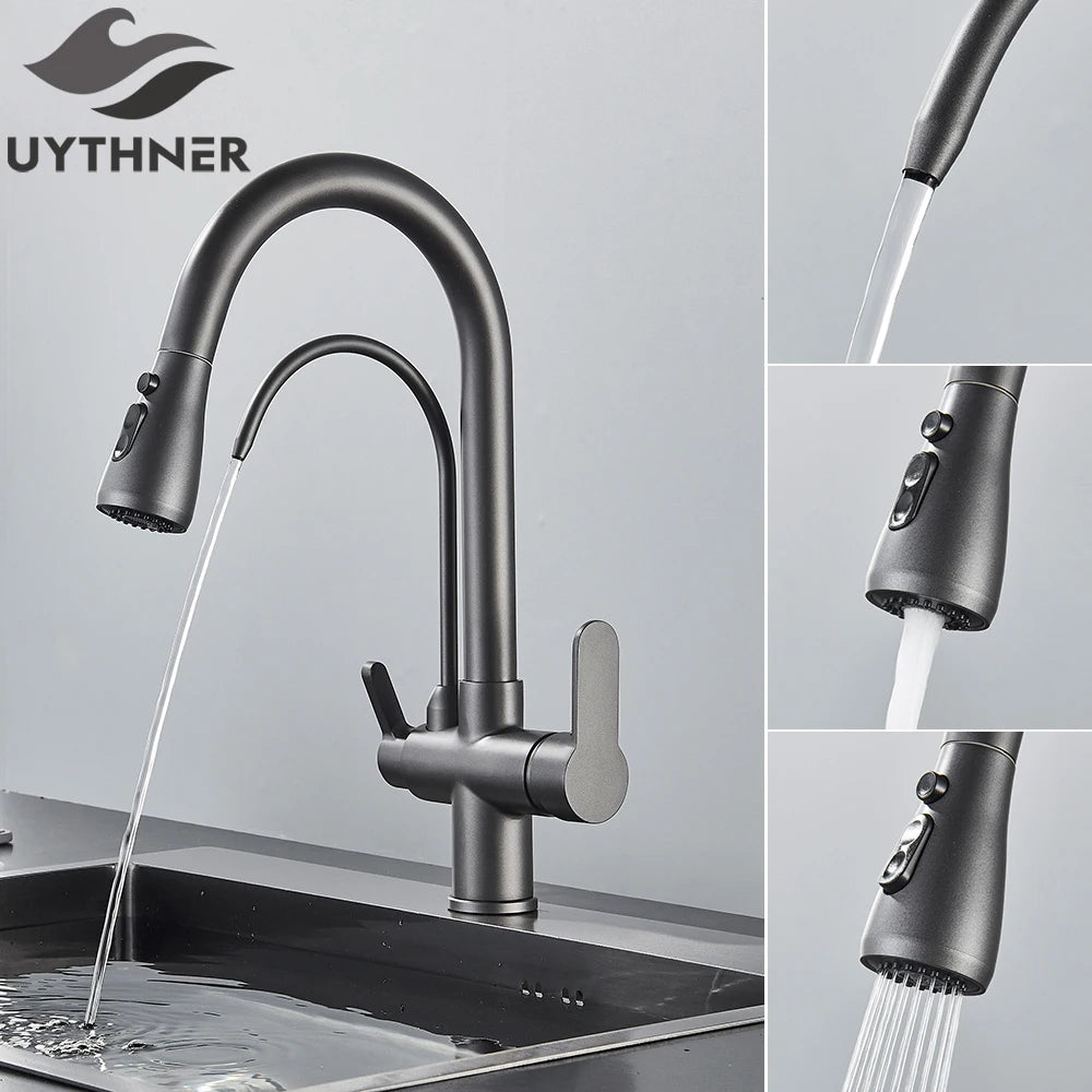 Brass Kitchen Water Filter Faucet Dual-Spout Mixer – 360° Swivel Filtered Drinking Tap, Hot & Cold