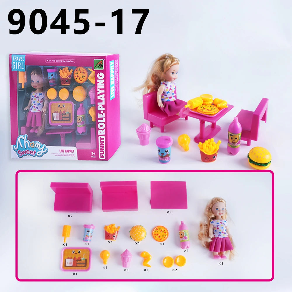 Mini Fashion Doll Playset for Kids with Pet Dog & Convertible Car — Dollhouse Kitchen & Seaside Restaurant Accessories