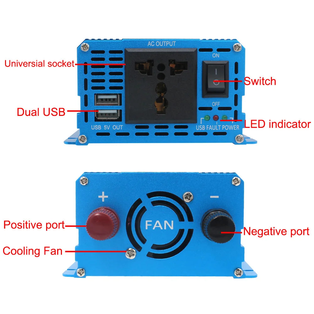 2000W Peak / 1000W Continuous Pure Sine Wave Power Inverter DC 12V/24V to 220–240V AC – EU/Universal Socket & USB