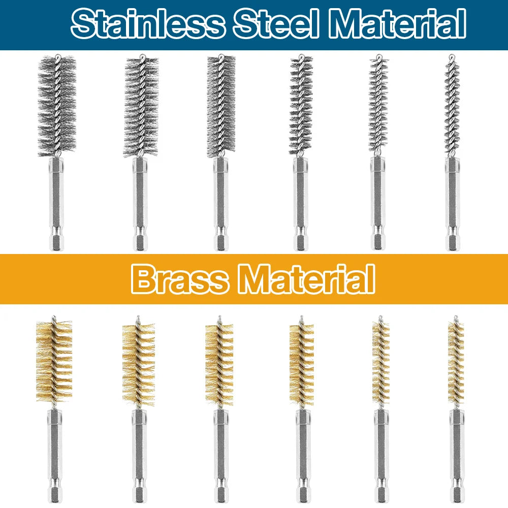 6/12-Pack Stainless Steel Drill Wire Brush Set — 1/4 in (6.35 mm) Hex Shank, 8/10/12/15/17/19 mm Bore Cleaning & Rust Removal