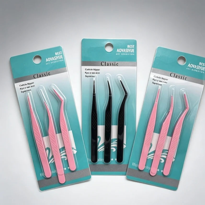 3-Pack Professional Titanium Eyelash Tweezers Set, Curved Head False Eyelash Clamp & Fiber Tip Curler