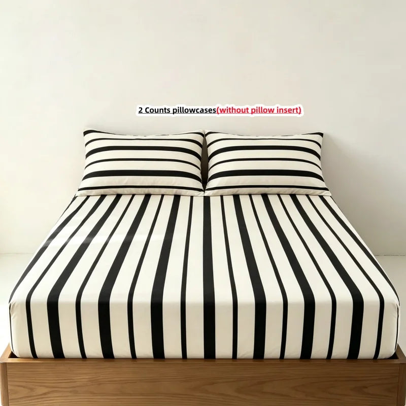 3-Piece Striped Fitted Sheet Set with Elastic Anti-Slip Skirt — 1 Fitted Sheet + 2 Pillowcases, Multiple Sizes (100–220 cm / 39–87 in)