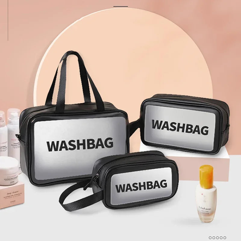 Transparent Black Waterproof PVC Travel Makeup Bag, Large Capacity Cosmetic Organizer (3 Sizes)