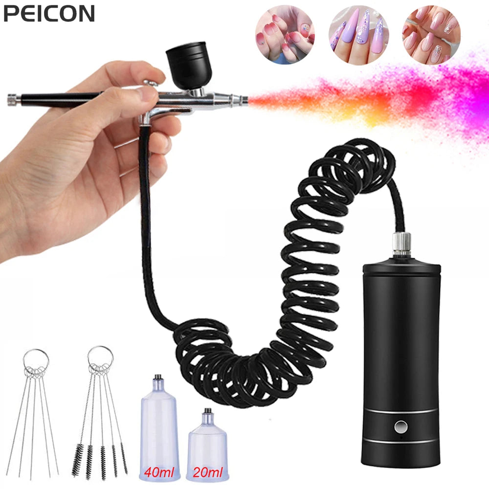 Portable Airbrush Compressor Kit for Nail Art, Cake Decorating & Crafts – 0.3mm Nozzle, Rechargeable