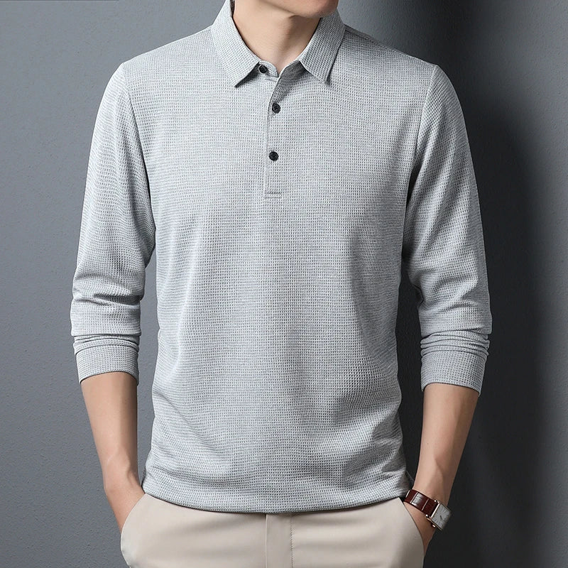 Men's Business Casual Long Sleeve Polo Shirt - Breathable Knit Polyester, Anti-Wrinkle