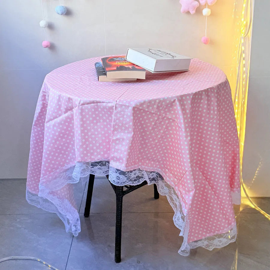 Pink Lace Plaid Rectangular Tablecloth with Pom Pom Trim for Kitchen & Dining, 63×39 in (160×100 cm) & 39×31.5 in (100×80 cm), Christmas Home Decor