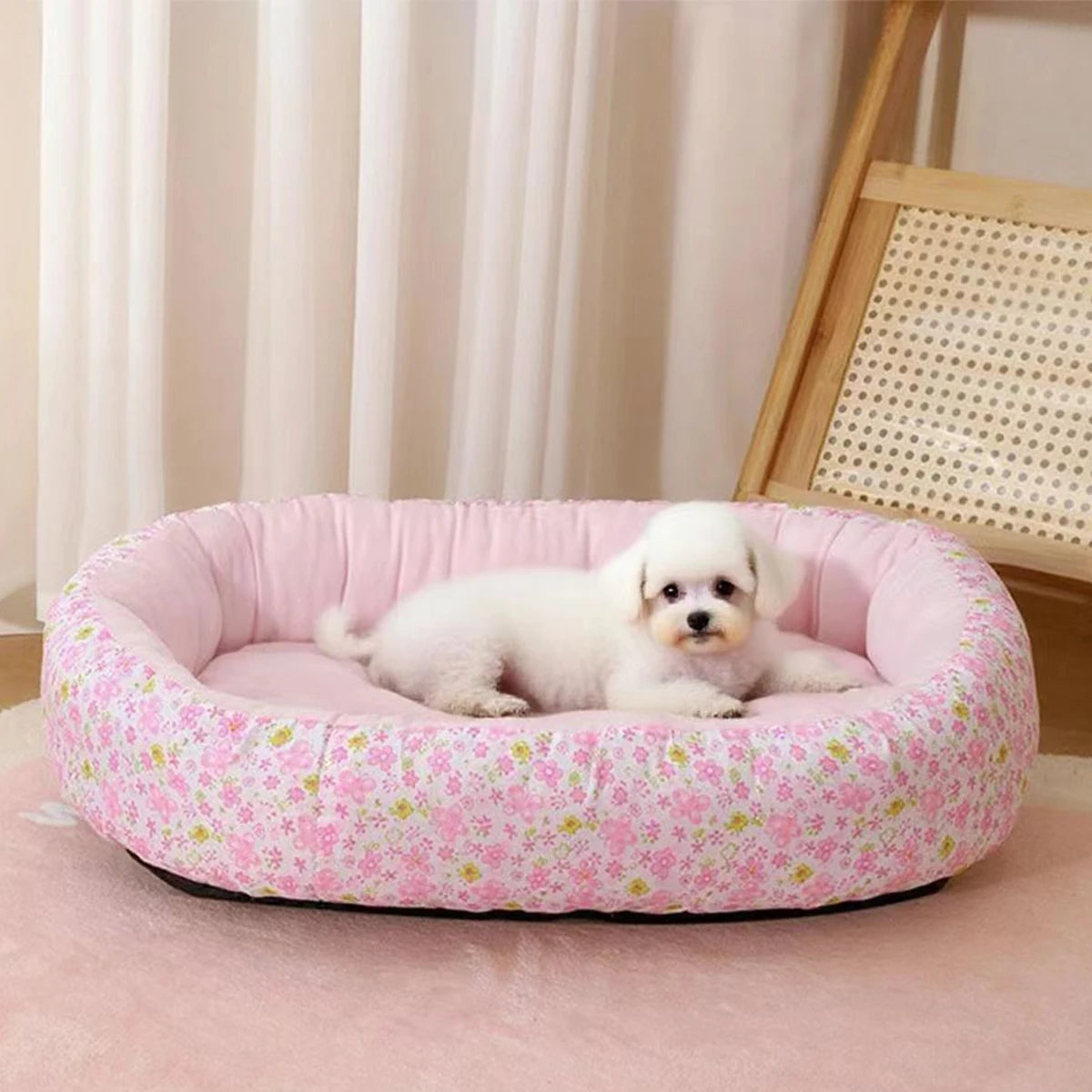 Floral All-Season Dog & Cat Bed — Soft Puppy Pad Sofa for French Bulldog Chihuahua, Sizes S/M/L, 4 Colors