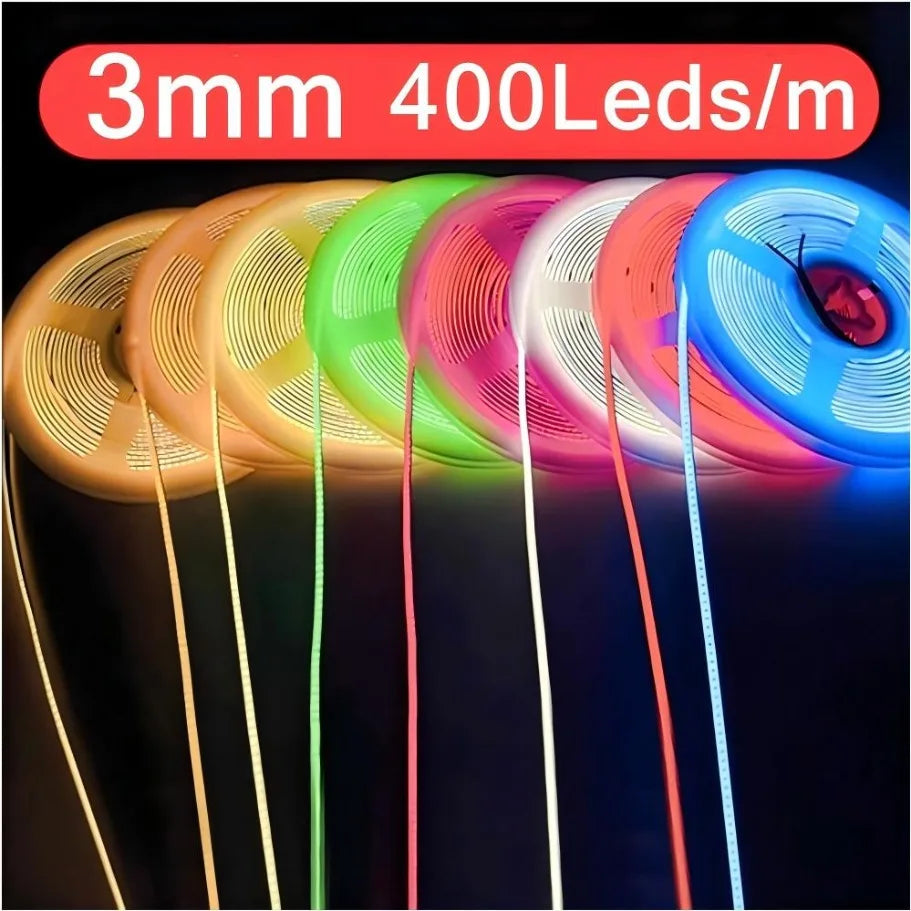 3mm (0.12in) Ultra-Thin COB LED Strip Light 12V – 400 LEDs/m Dimmable High-Density Flexible Tape, 3000K/4000K/6000K & Multicolor