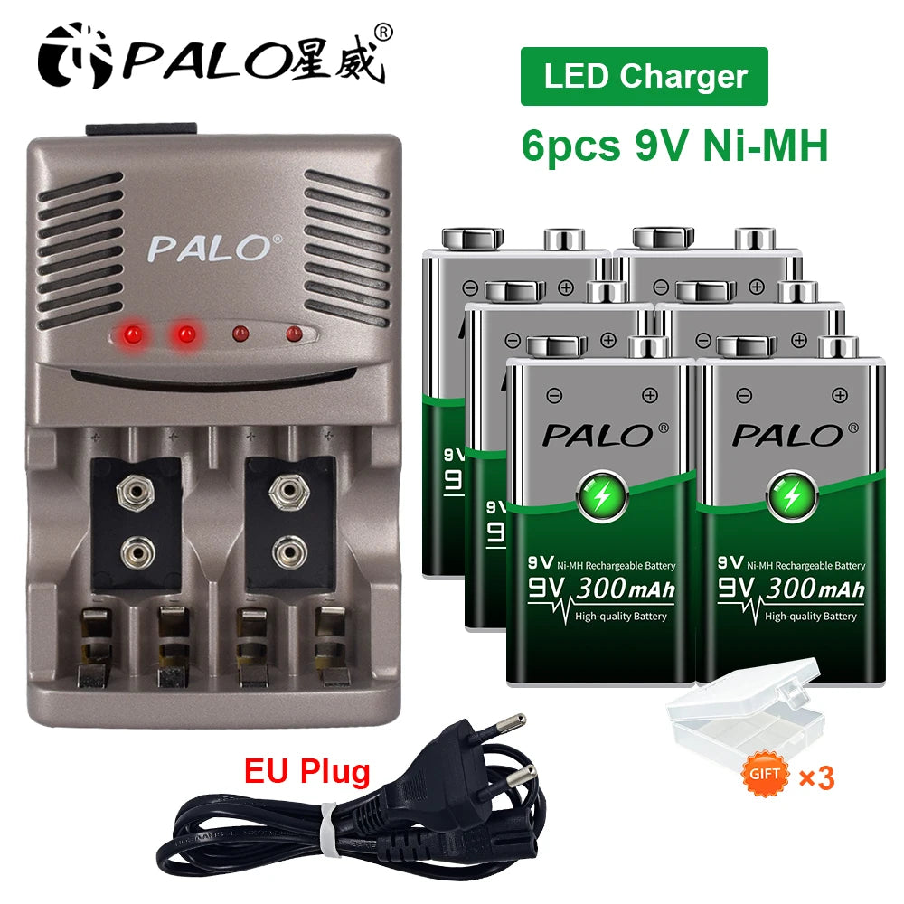 9V Ni-MH Rechargeable Battery 300mAh with Smart Charger — Low Self-Discharge Reusable 9 Volt Battery