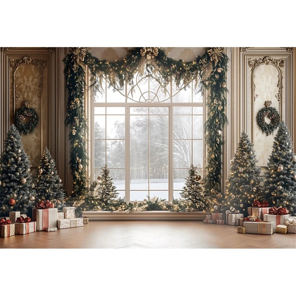Christmas Fireplace Photography Backdrop — Gingerbread House & Wooden Window Holiday Photo Background for Kids & Family