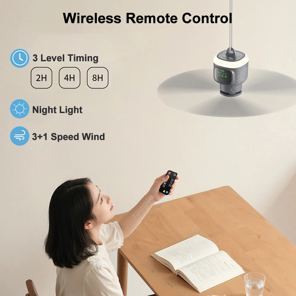 12000mAh Portable Rechargeable Ceiling Fan with Remote & LED Light — 450mm (17.7 in) Camping Tent Air Circulator