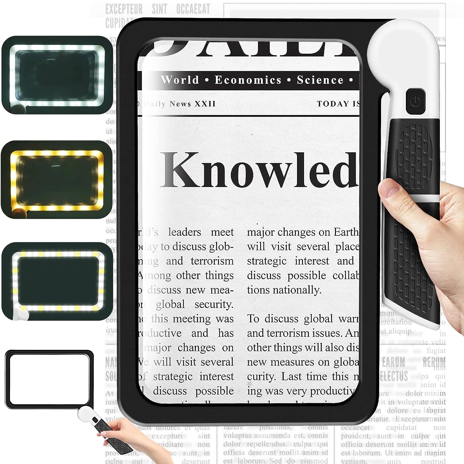5X Rectangular LED Reading Magnifier - 48 LEDs, Dimmable Foldable Handheld, 7.3 x 4.4 in (18.5 x 11.2 cm) Large Lens for Seniors & Low Vision