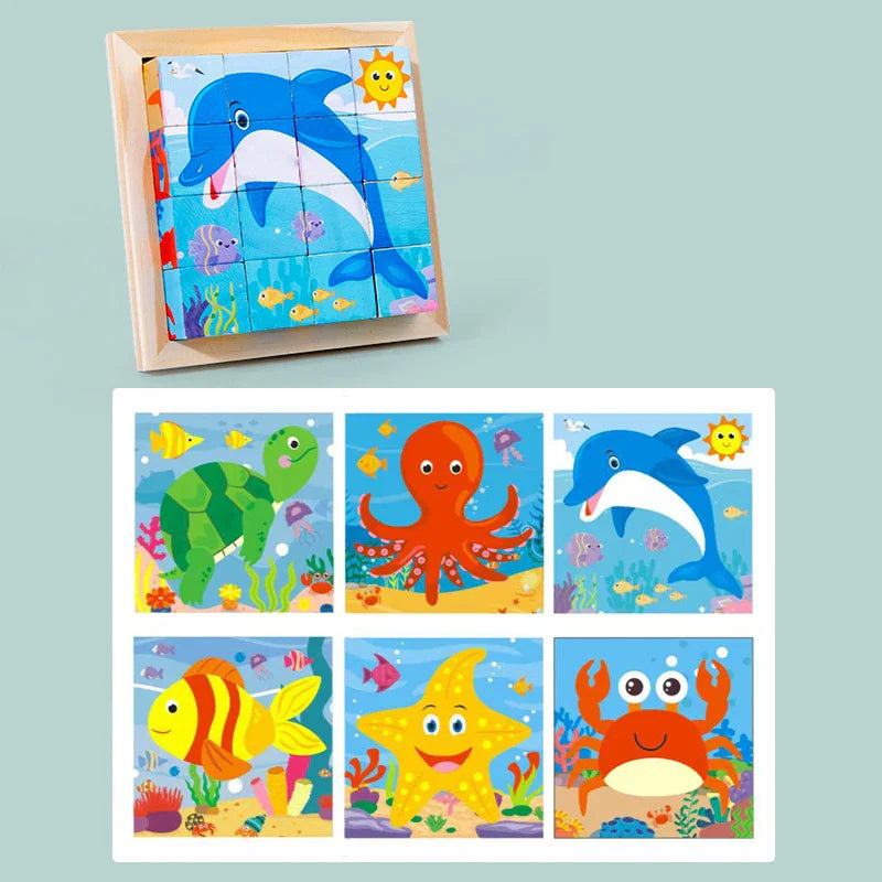 Wooden Six-Sided Animal Matching Puzzle Blocks Set – Montessori Early Learning Toy (Ages 3+)