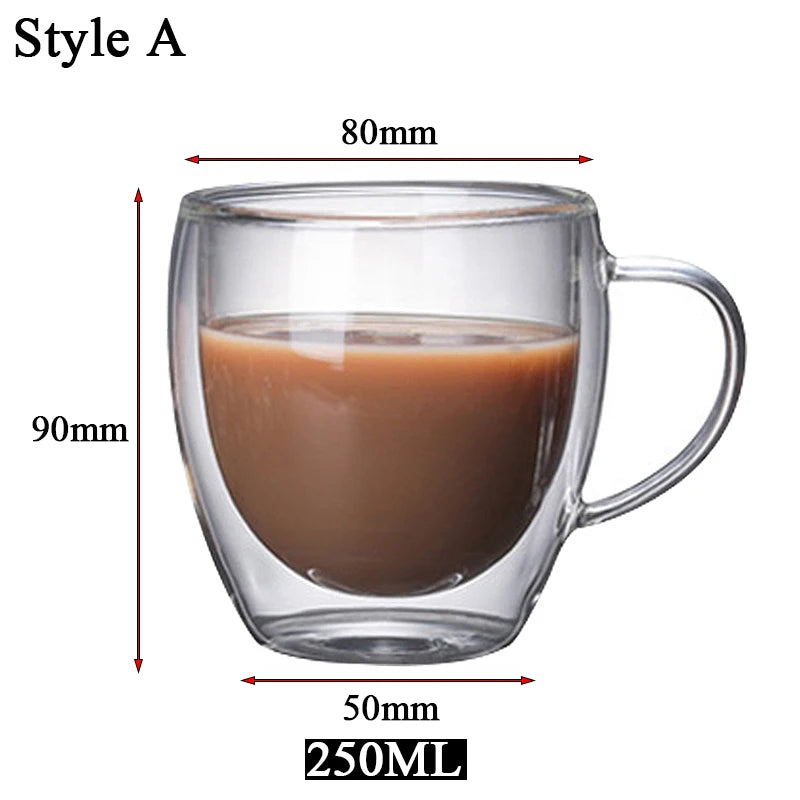 Clear Double Wall Insulated Glass Cups — 5 Sizes | Coffee, Espresso, Tea, Beer & Whiskey Mugs