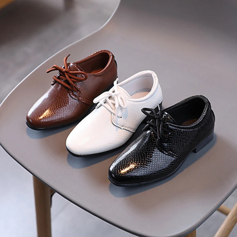 Boys Black and White PU Leather School Shoes – Lace-Up Formal Flats for Uniform, Performance and Casual Wear