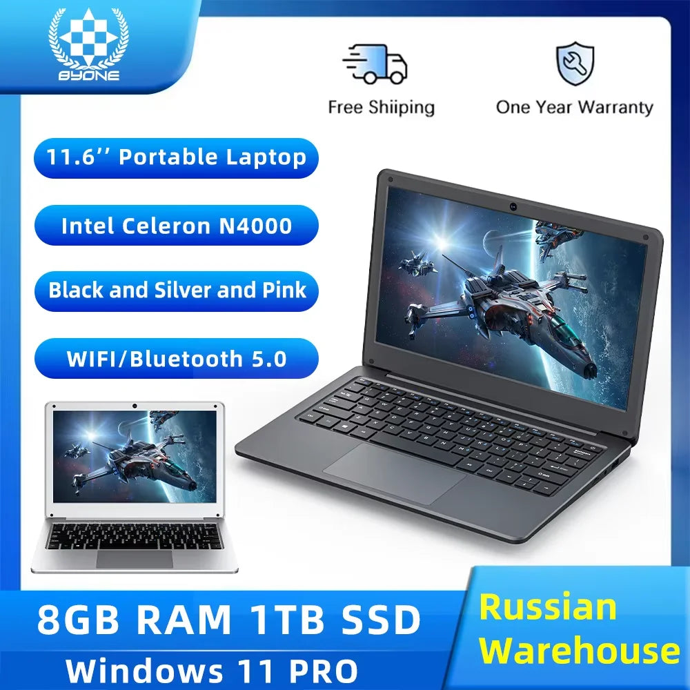 Pink FanzyMarket 11.6-inch mini laptop with Intel Celeron N4000, 8GB RAM, SSD storage, Windows 11, portable ultraslim design.