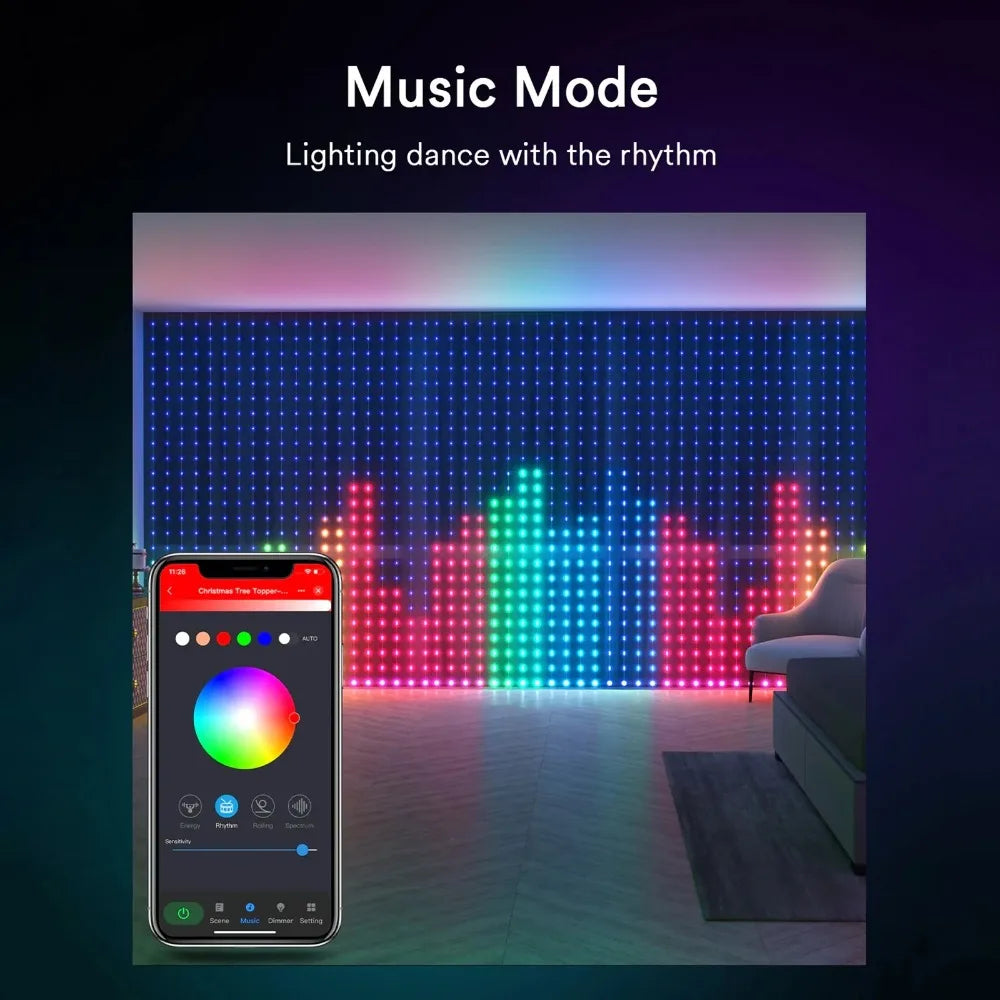 Smart RGB LED Curtain String Lights – App & Remote Control, Music Sync DIY Animated Curtain Lights for Indoor/Outdoor Christmas & Party Decor