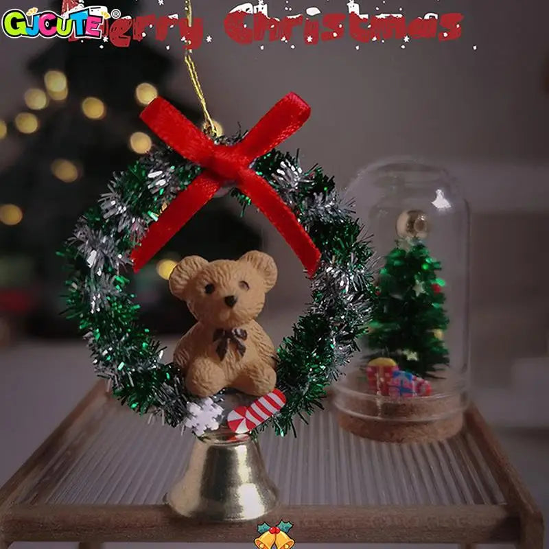 Mini Christmas Wreath for Dollhouse Hanging Garland with Bow & Bell