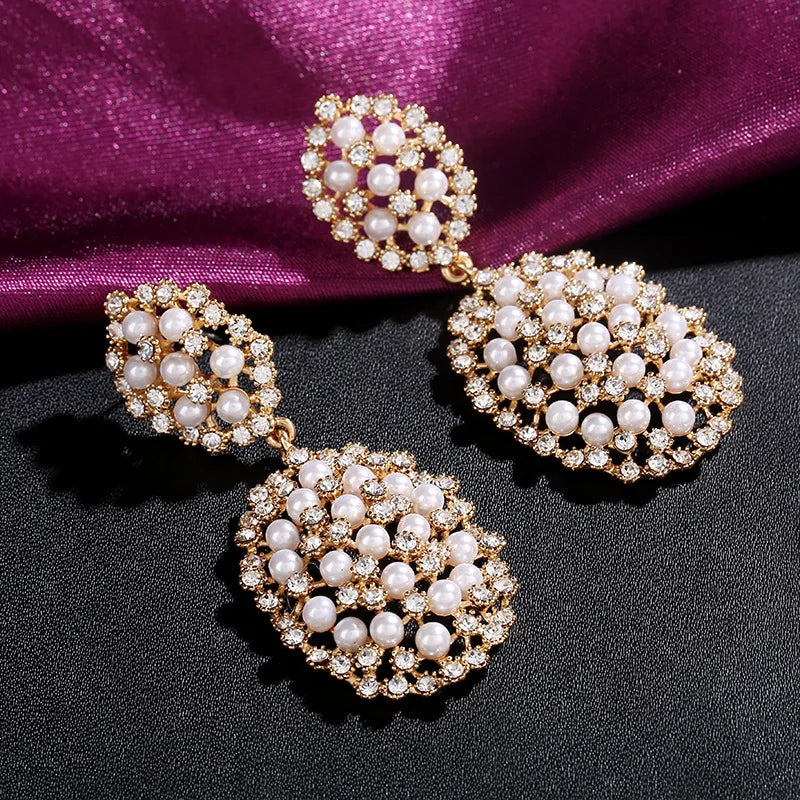 Gold Bridal Drop Earrings with Simulated Pearls & Crystal Rhinestones — 6 cm (2.36 in) Dangle Statement Earrings for Wedding & Bridesmaids