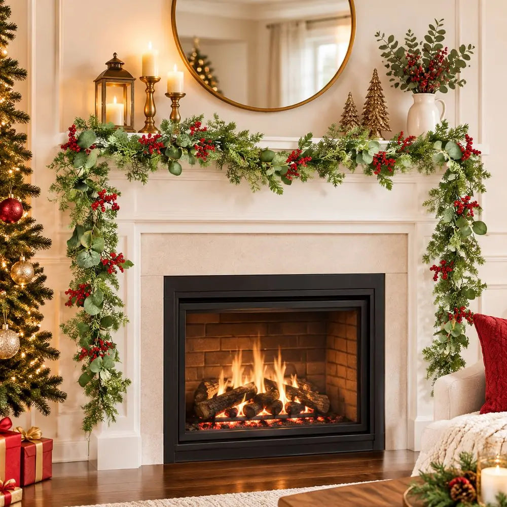 5.9 ft (1.8 m) Eucalyptus Christmas Garland with Red Berries & Pine Cones — Flexible Holiday Vine for Door, Mantel & Staircase
