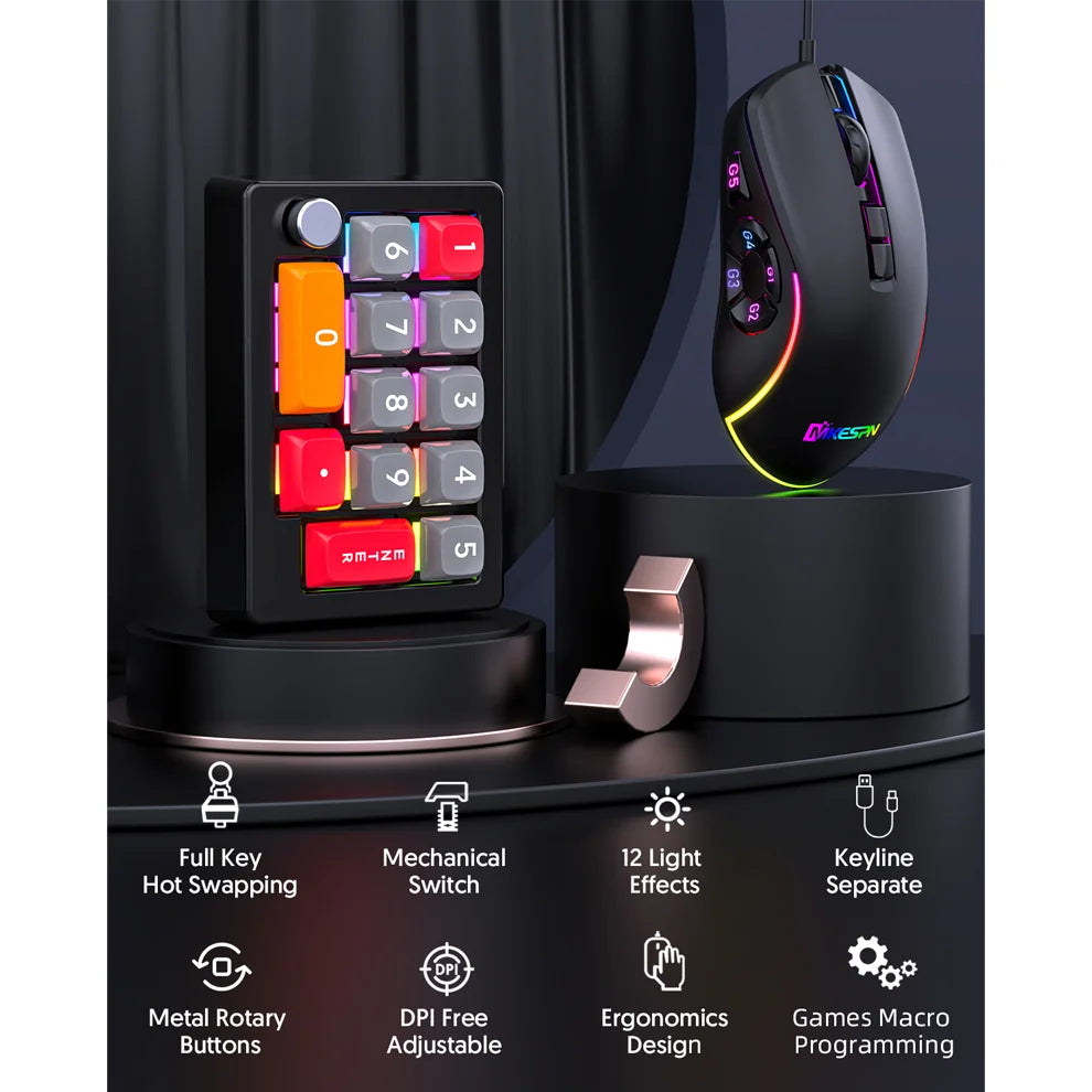 12-Key USB Wired Mechanical Macro Keypad with Programmable Knobs RGB Backlit One-Handed Gaming Keypad