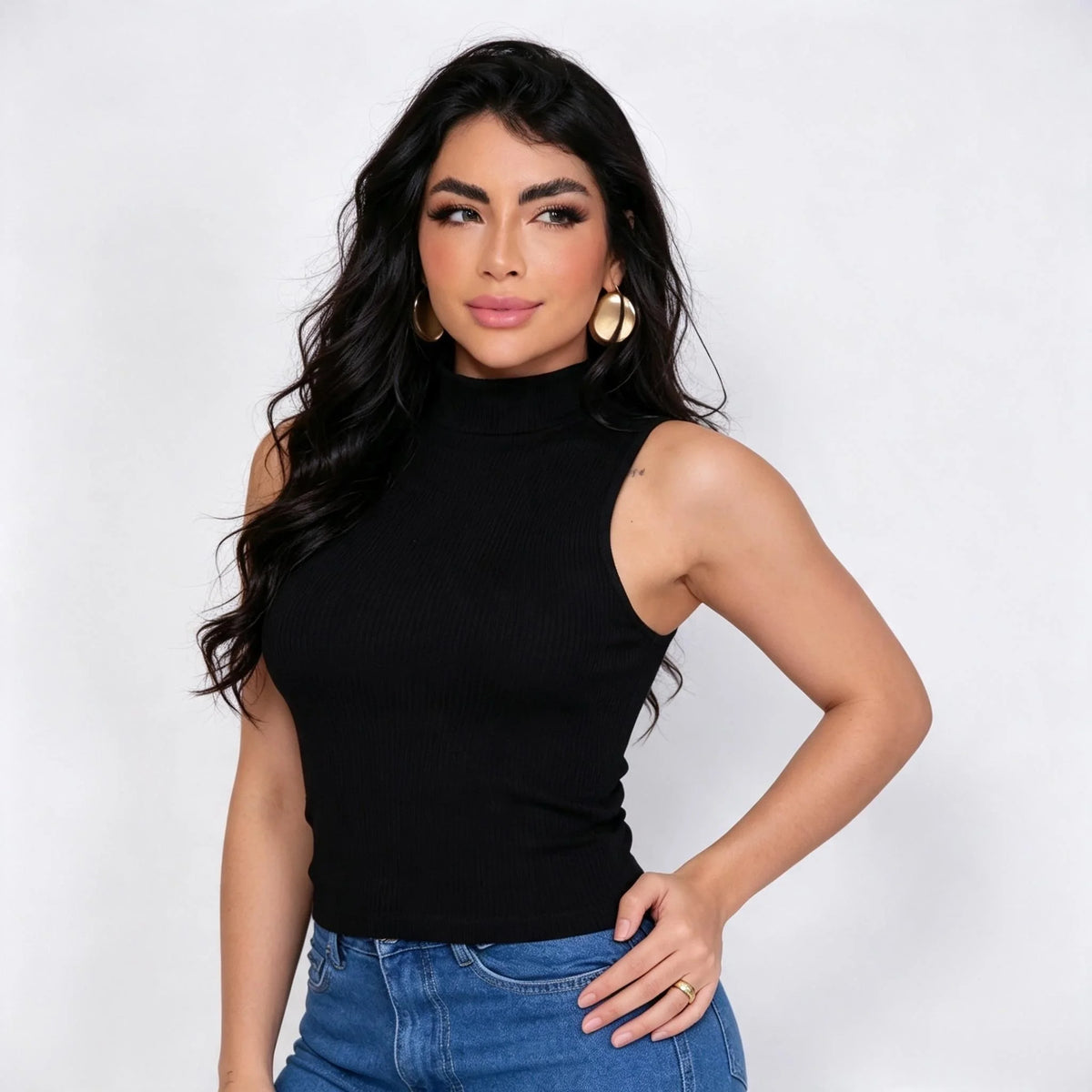 High Neck Ribbed Sleeveless Tank Top with Cutout Shoulder, Chic Women's Summer Knit
