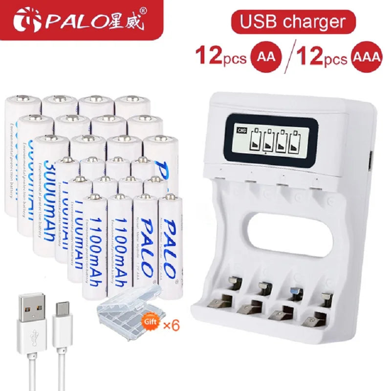 Ni‑MH Rechargeable Batteries AA 1.2V 3000mAh + AAA 1.2V 1100mAh with Battery Case